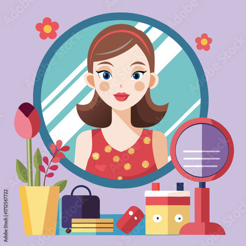 Young woman applying makeup in a mirror elegant beauty illustration with cosmetic products