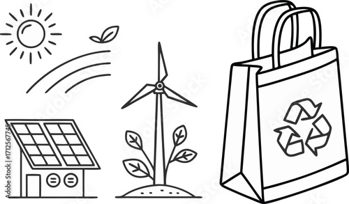 Sustainable living icons for eco-friendly lifestyle and renewable energy promotion, clean power solutions