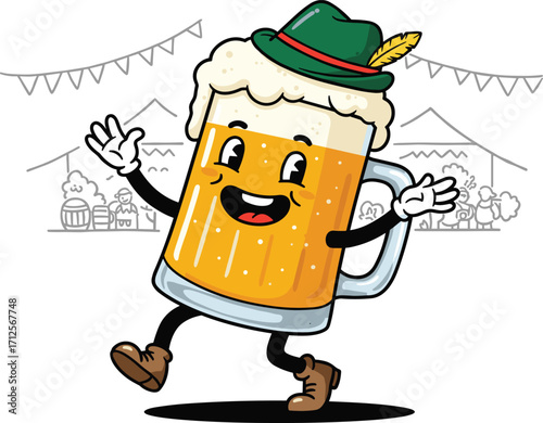Happy beer mug cartoon character dancing at Oktoberfest festival in German hat with foam, boots, and festive celebration background