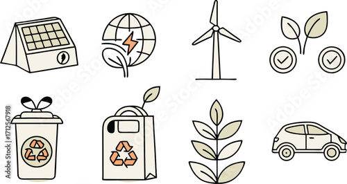 Sustainable living icons for eco-friendly lifestyle and renewable energy promotion, clean power solutions