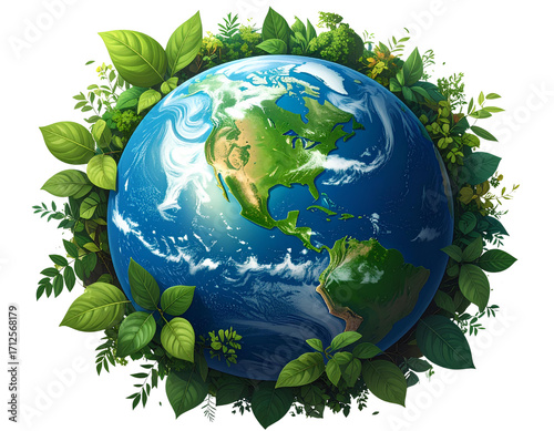 Earth Globe Surrounded by Green Leaves Planet World Isolated on a Transparent Background.
