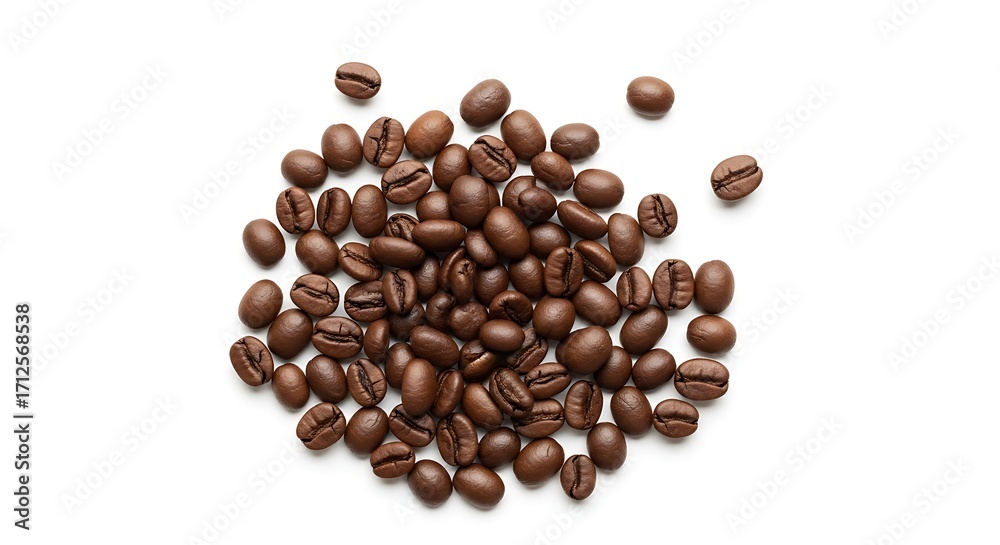 Naklejka premium A close-up overhead shot of roasted coffee beans scattered on a white background.
