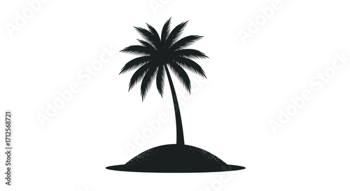 A solitary palm tree stands tall on a small sandy island in the vast ocean during the daytime.