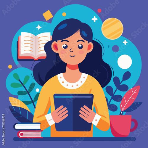 Young girl engrossed in reading on a digital tablet presented as a vibrant banner or advertisement