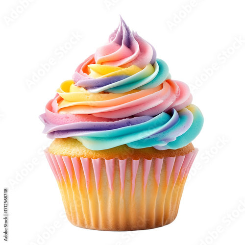 Vibrant Swirl Frosting Cupcake on White Background