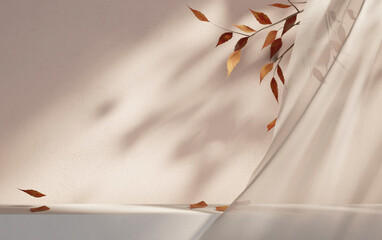 Autumn leaves on empty table behind white curtains. Interior wall background with fall aesthetic decor. Beauty and fashion product showroom.