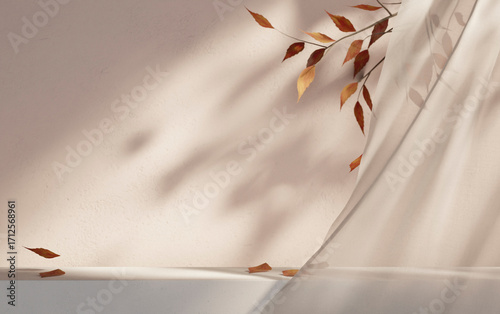 Autumn leaves on empty table behind white curtains. Interior wall background with fall aesthetic decor. Beauty and fashion product showroom.