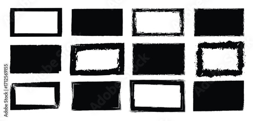 Set of grunge jagged rectangle shape. Black hand drawn stripes, smears, rectangle brush. Black Lino cutting textured backgrounds, text frames.