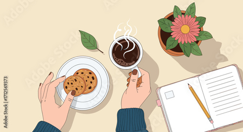Enjoying a warm cup of coffee and fresh cookies while journaling.