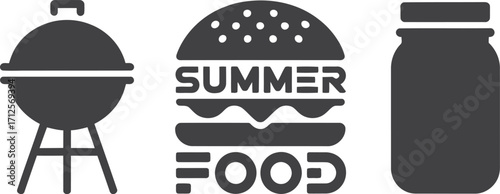 Summer food icons barbecue burger and drink jar silhouette