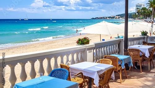Outdoor cafe overlooking a beach