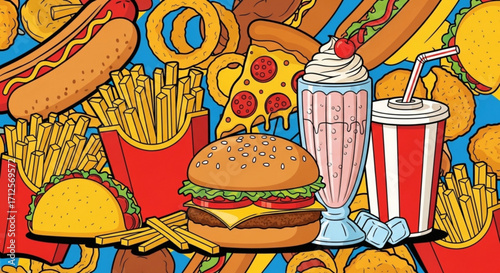 A vibrant and colorful illustration of various fast food items creating a visually appealing and tempting scene of culinary indulgence and unhealthy eating