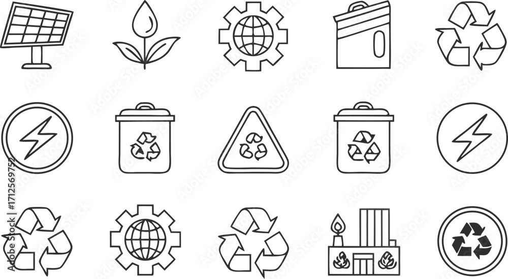 Fototapeta premium Sustainable living icons set for eco-friendly campaigns, clean energy, and green initiatives projects