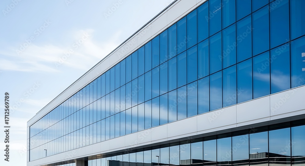 Obraz premium Modern Glass Office Building with Reflective Blue Windows and Clear Sky