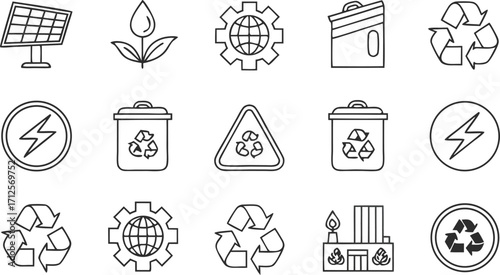 Sustainable living icons set for eco-friendly campaigns, clean energy, and green initiatives projects