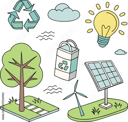 Sustainable living icons promoting renewable energy and environmental conservation initiatives now
