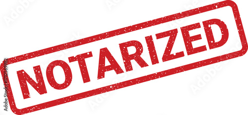 Distressed red notarized stamp with speckled texture, rectangular frame, grunge effect for documents