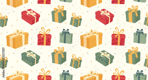 A festive background pattern composed of colorful gift boxes adorned with ribbons and bows scattered across a light cream surface with confetti.