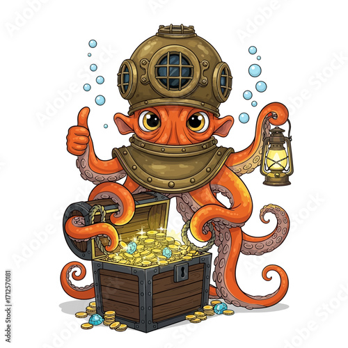 Obraz na plátně Deep Sea Diver Octopus Vector Character with Treasure Chest, Lantern, and Cartoo
