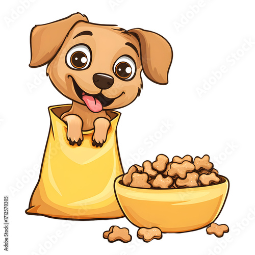 Yellow Bag of Dog Treats with Playful Dog Cartoon Illustration - Pet Snack Packaging Design