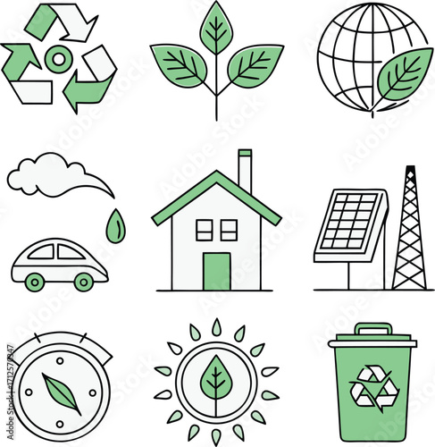 Green energy icons for sustainable living and environmental protection initiatives, modern style