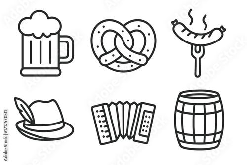 Oktoberfest icons set with beer, pretzel, sausage, hat, accordion, and barrel. German festival vector line art. Traditional Bavarian food, drink, and music symbols.