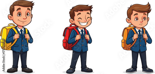 Cartoon schoolboy with backpack, student character in uniform, happy boy going to school, cute kid with yellow red bag