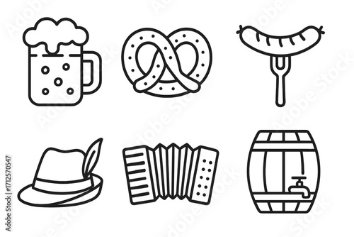 Oktoberfest line icon set with beer, pretzel, sausage, hat, accordion, barrel. German beer festival symbols. Bavarian traditional food, music, culture outline icons. Vector.