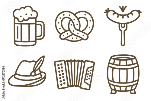 Set of Oktoberfest line icons. Beer mug, pretzel, sausage on fork, Tyrolean hat, accordion, barrel. Traditional German beer festival symbols. Bavarian food and culture vector.