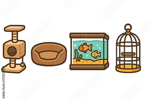 Pet furniture vector icon set. Simple cartoon illustration collection with a cat tree, dog bed, fish tank aquarium, and bird cage. Domestic animal care accessories.