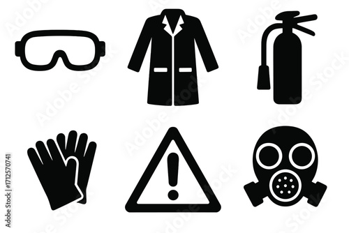 Safety equipment icon set. Personal protective equipment PPE symbols. Laboratory, chemical hazard and fire safety. Goggles, lab coat, gloves, extinguisher, gas mask.