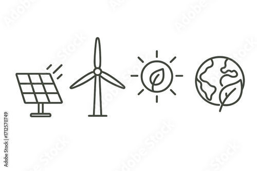Renewable energy icon set. Green power concept with solar panel and wind turbine symbols. Eco friendly and sustainability line art. Ecology, environment and climate change vector.