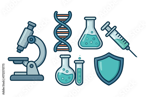 Science and technology icon set. Medical research, laboratory equipment, DNA, microscope, chemistry flask, syringe for vaccine. Vector cartoon illustration for immunity.