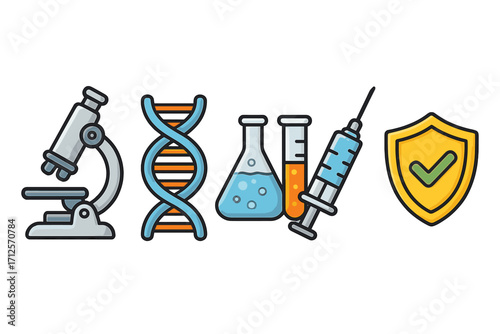 Science and technology icons pack with microscope, DNA helix, laboratory glassware, syringe, and protection shield, vector cartoon illustration, health and research concepts set