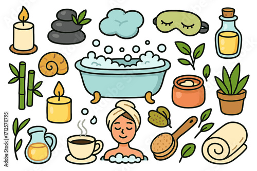 Self care doodle art set with bath, relaxation, wellness elements, spa accessories, candles, plants, massage brush, essential oils, towel, and peaceful woman illustration, vector cartoon