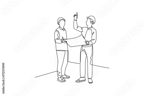 Continues line and simple line of two architects discussing construction plan Single line drawing vector graphic design illustration