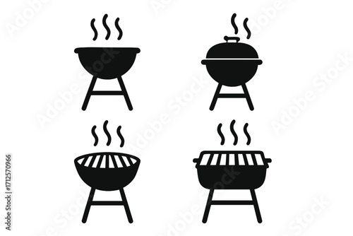 Black silhouette barbecue grill icons set with steam symbols, simple vector cartoon illustration, various grill shapes and styles, transparent background, cooking and outdoor BBQ theme