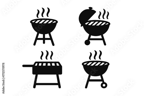 Set of simple black silhouette barbecue grill icons with steam symbols, vector cartoon style cooking equipment, outdoor grilling, summer picnic, BBQ party elements, transparent background
