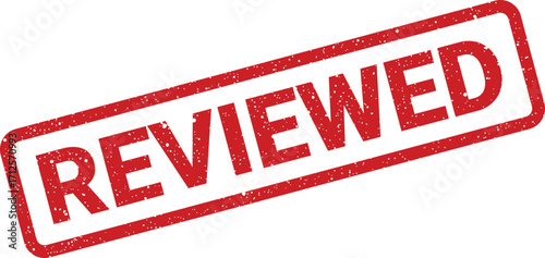Distressed red reviewed stamp illustration inside rectangle shape, message conveyed, business approval