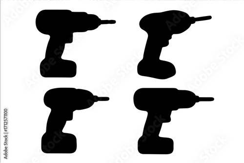 Silhouette set of drill tool icons in various angles, cordless electric screwdriver illustration, multiple black drill outlines, vector construction and repair equipment graphics for industrial design