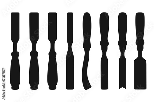 Silhouette collection of woodworking chisel icons, carpentry tools vector set, wood carving instruments, hand tool silhouettes for crafting, DIY project equipment, black flat design