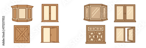 Different styles of wooden windows showcasing various designs, shapes, and opening mechanisms for home architecture and decor