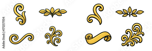 Decorative golden flourishes and ornamental designs in various shapes arranged in a creative pattern