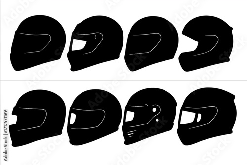 Silhouette collection of racing helmets in various styles, vector cartoon illustration, transparent background, ordered set, motorsport safety gear, protective headwear, racing equipment vector
