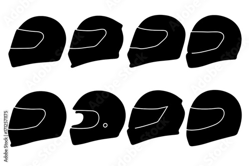 Silhouette collection of racing helmets in various styles, vector cartoon illustration with transparent background, ordered set of racing motorcycle and motorsport helmet designs for safety and speed