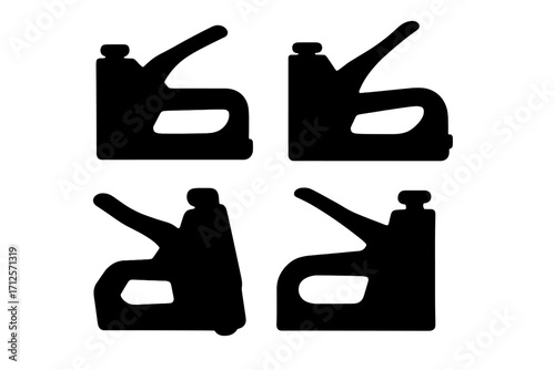 Silhouette icons of staple guns in various angles, positions, black vector set, cartoon style, office tool illustrations, transparent background, reliable fastening device collection