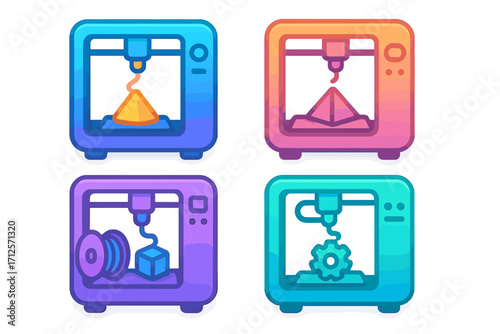 Set of colorful 3D printer icons in gradient style. Modern technology concept for additive manufacturing, prototyping, and engineering. Vector cartoon illustration isolated.
