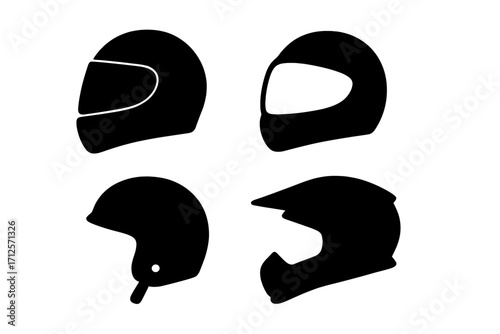 Silhouette icons of motorcycle helmets in various styles and designs, vector cartoon illustration set, transparent background, biker safety gear collection, helmet types for riders