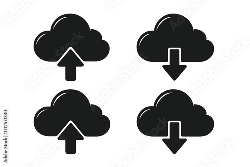 Cloud upload download icon set. Data storage and transfer symbols. Vector graphic illustration for web and app design. Black silhouette backup and sync arrow signs.