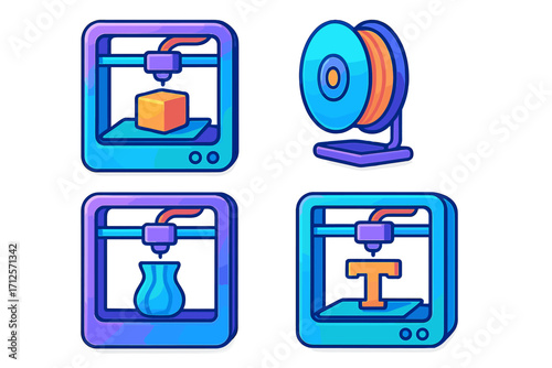 Set of colorful 3D printer icons in a modern gradient style. Vector cartoon illustrations for technology concepts, including filament spool and additive manufacturing process.